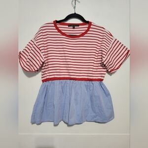 Max Sport Mixed Media Striped Top in Blue  Red Size Small